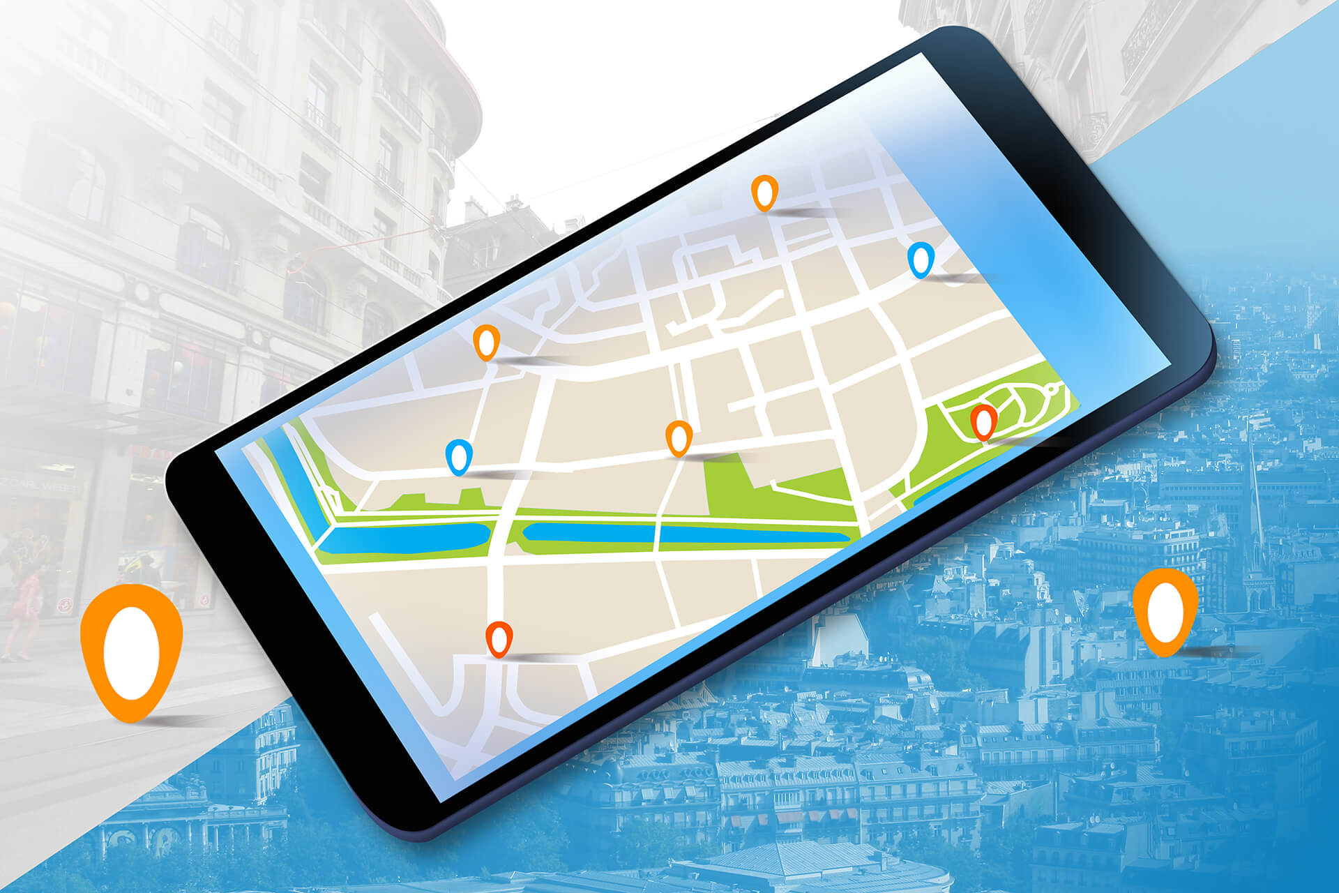 Darstellung einer Karte auf einem Smartphone mit Markern von Unternehmen und Dienstleistern in der Nähe