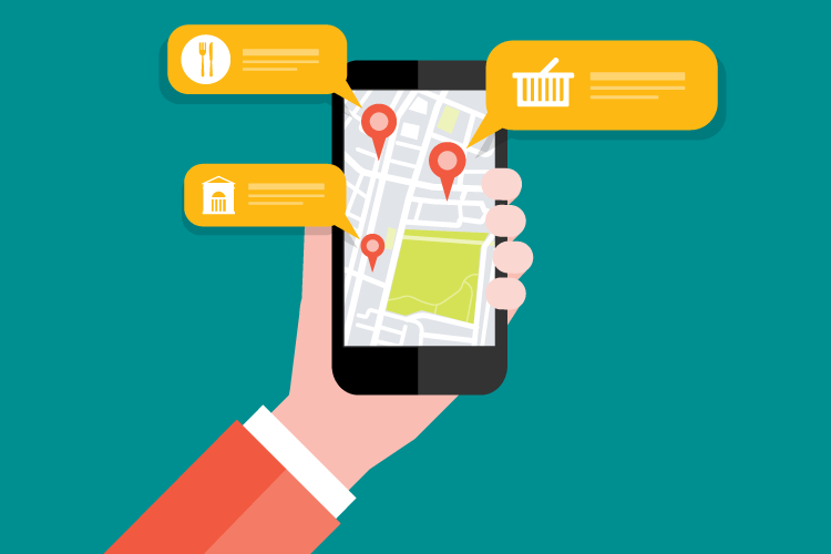 Vorgeschlagene Unternehmen und Dienstleister in Google Maps auf einem Smartphone, welche sich in der Nähe befinden